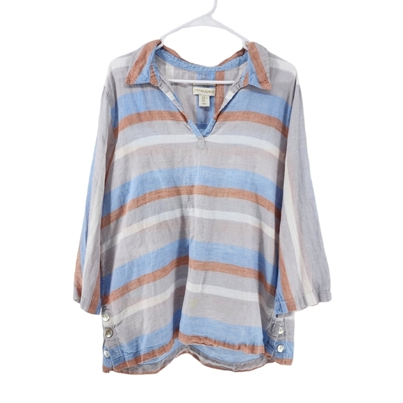 Cynthia Rowley Women's Multi Stripe V-Neck Linen Top - XL - Picture 1 of 6